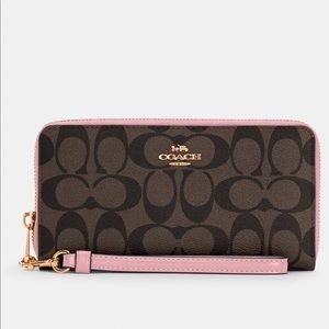 Coach Long Zip Around Wallet In Signature Canvas Gold/Brown /True Pink